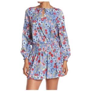 Parker Floral Smocked Waist Key Hole Ruffle Long Sleeve Dress Periwinkle Medium